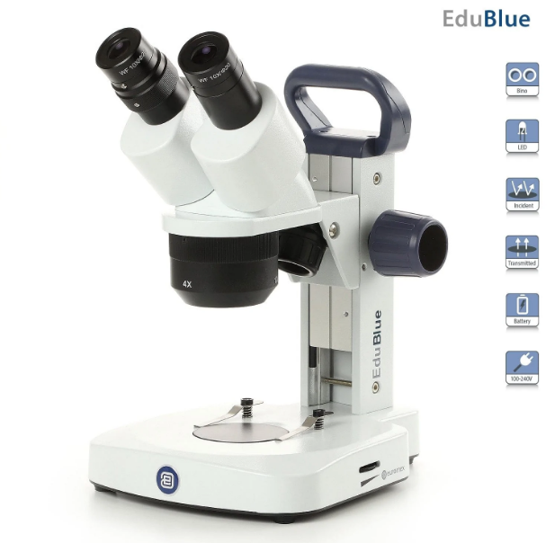 Microscopio estéreo portátil binocular EduBlue en soporte de pista de piñón y cremallera